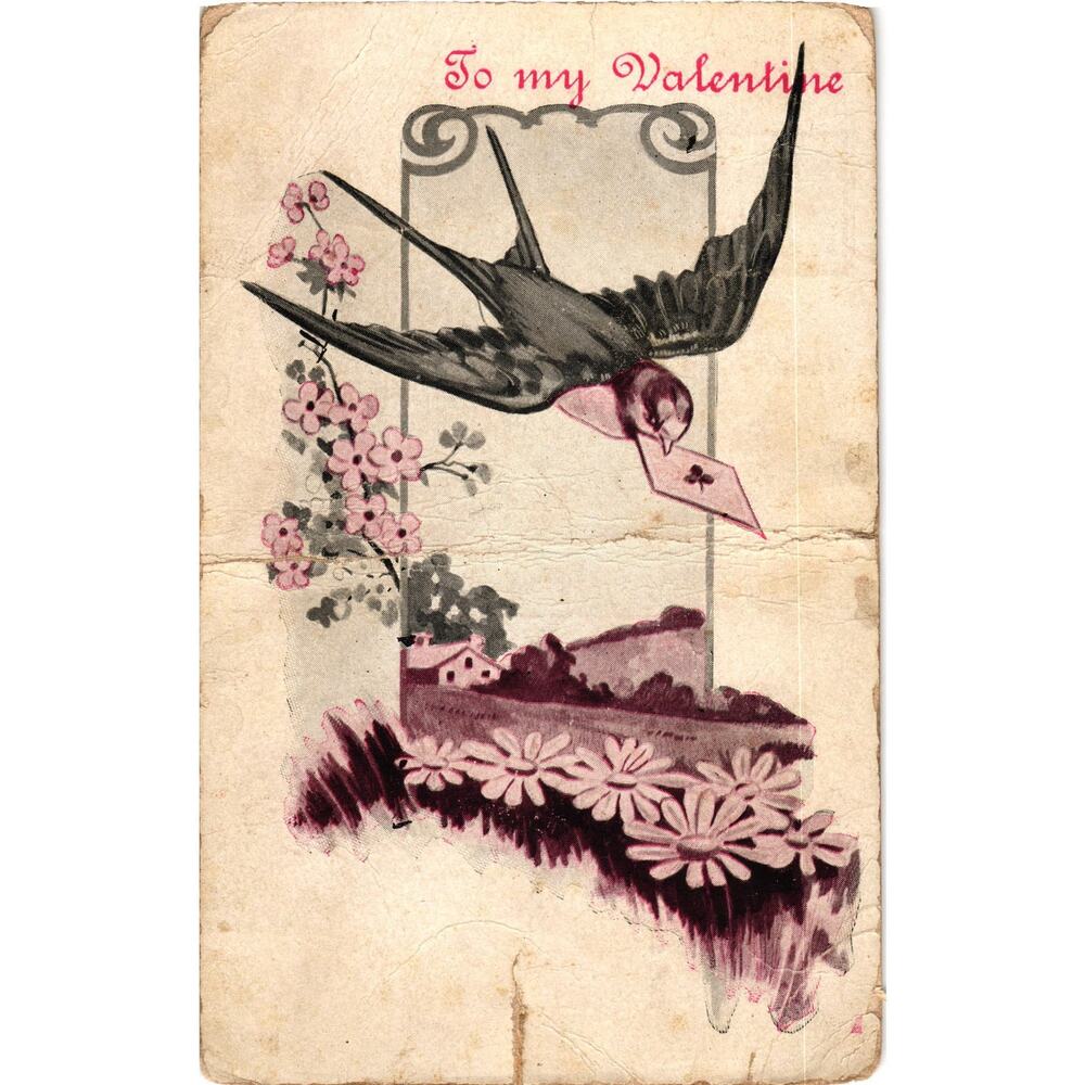To My Valentine Postcard Bird with Note Floral Antique Unposted‎